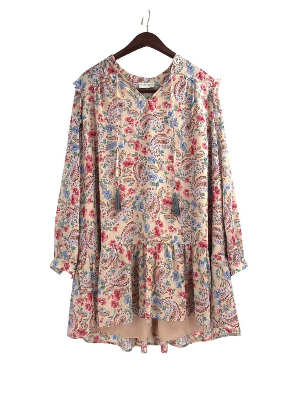 Dress Forum Womens Small Boho Floral Paisley Ruffle Long Sleeve Dress Tassels